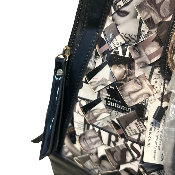 Galian Handbag Satchel Purse Magazine Collage Black Patent Leather Trim - Picture 3 of 8